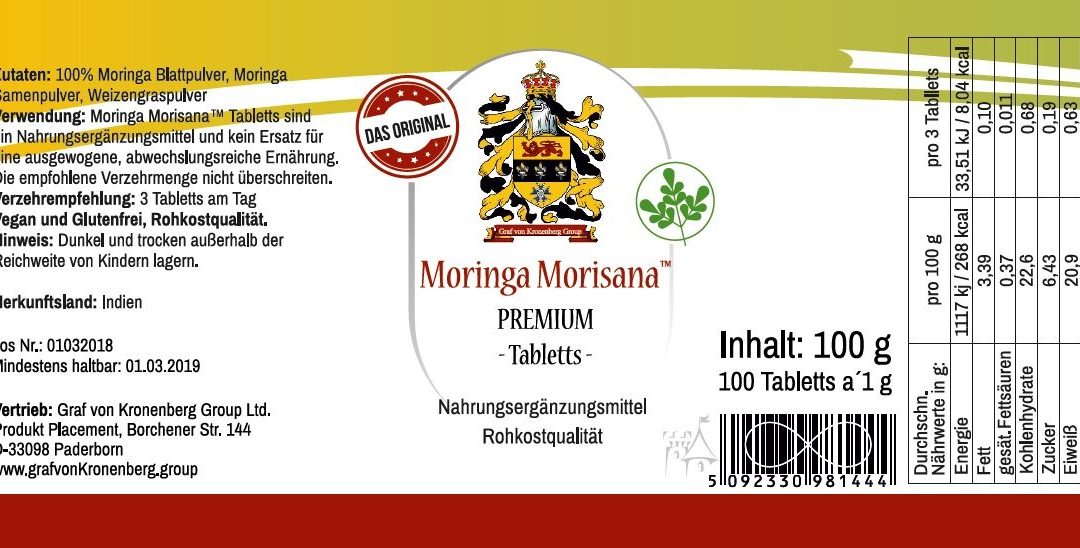 Moringa Morisana (TM) Premium Presslinge – eine neue, einzigartige, nährstoffreiche und hochwirksame Rezeptur aus Moringablättern, Moringasamen sowie Weizengraspulver.